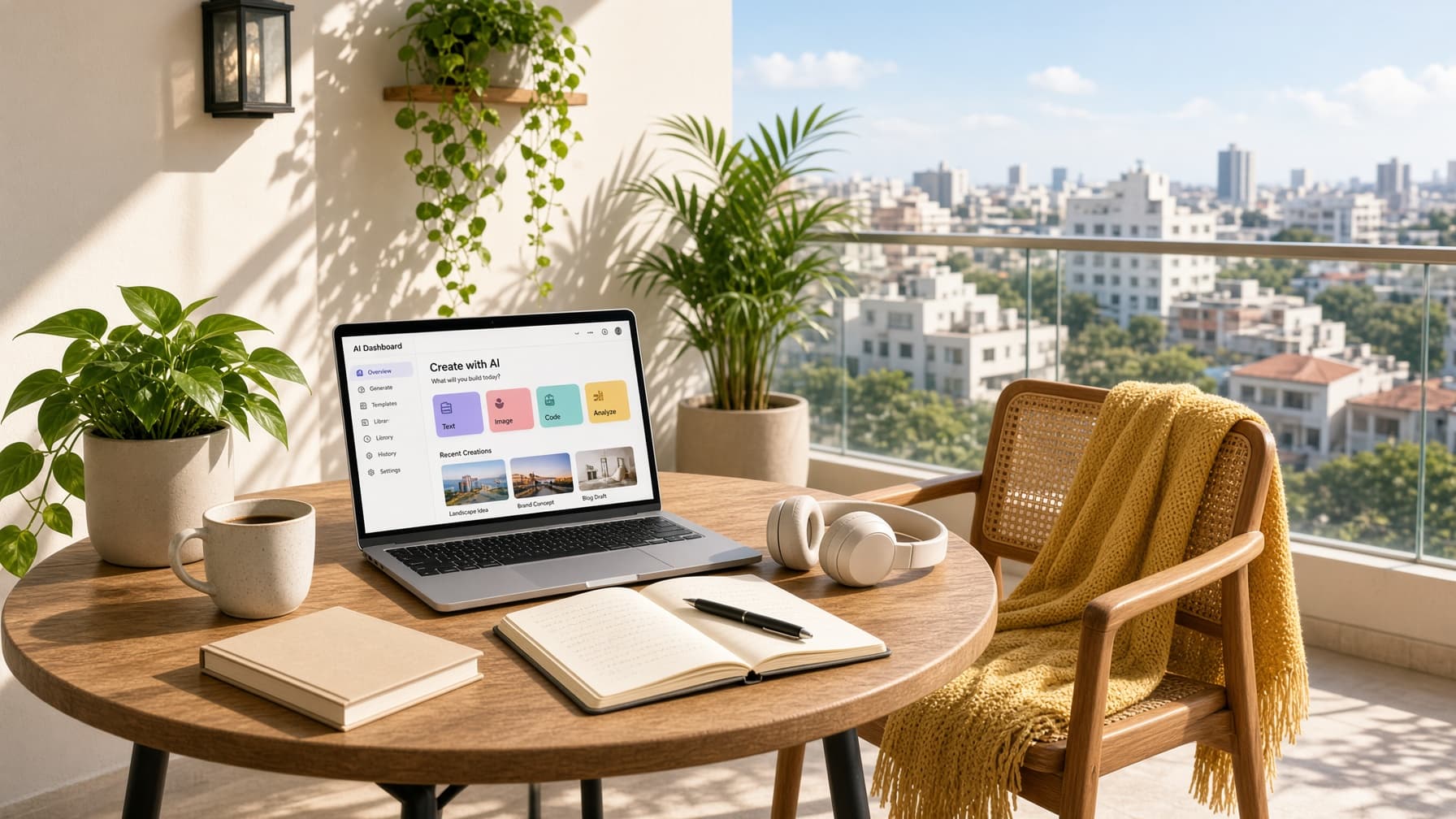 A sunlit balcony desk set for remote work