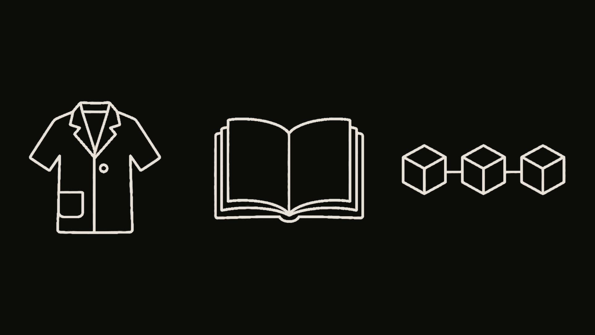 Line drawing of a coat, a notebook, a three-part logic chain, and a rising chart