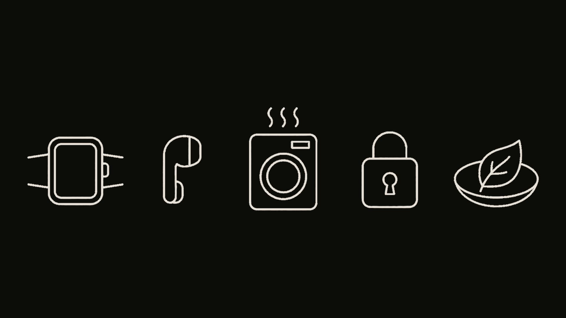 Line drawing of a square watch, an earbud, a washer, a lock, and a plate